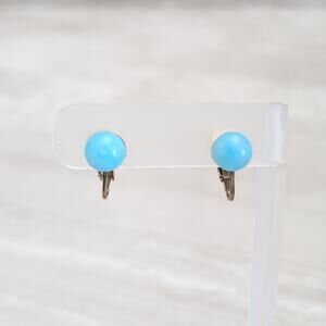 Vintage Clip On Earrings Light Blue-ish Turquoise-ish Tone Ball 3/8" Small Retro